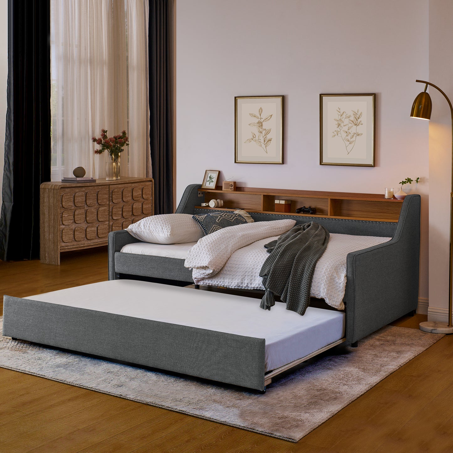 Twin Size Upholstery Sofa Bed with Three LED lights, with Storage Adjustable Headboard, with Foldable Leg Pull up Trundle Bed and Wireless Charging, Linen Padded Sofa Bed frame, Grey image 2