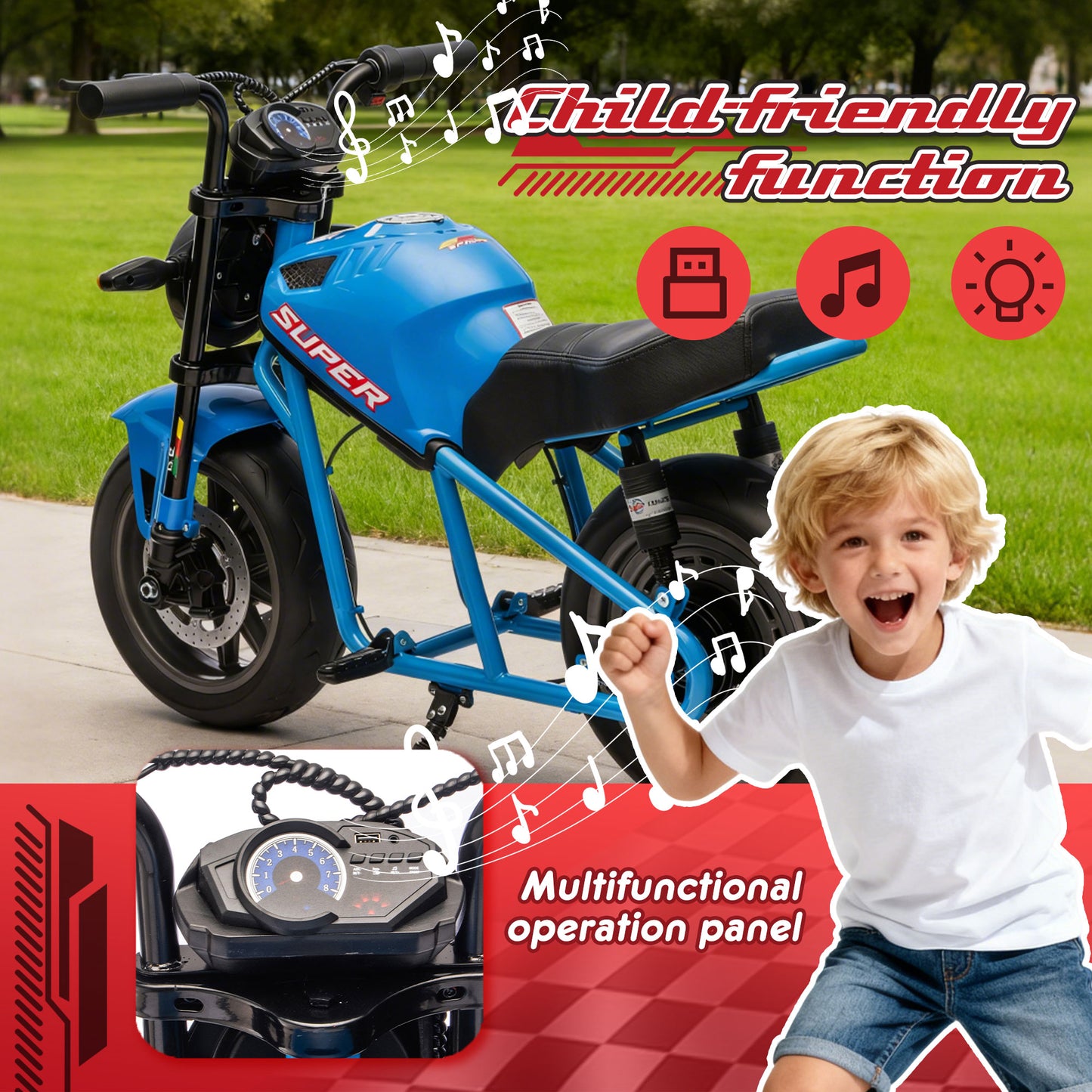 24V300W Kids Ride On XL Electric Toy Muscle Motorcycle,High-Speed Hub Motor,14''Fat EVA Wheels,Twist Grip Throttle,Speed up to 11.18MPH,Dual Suspension,Music&Light,Long Life Battery For Kids 6+ image 4