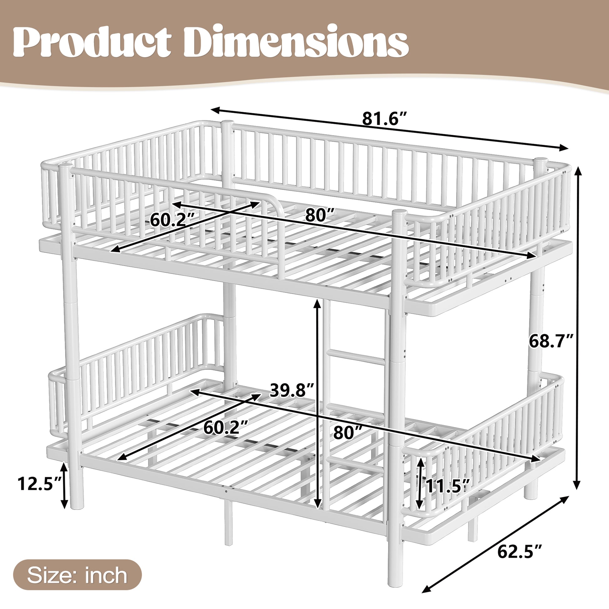 Queen over Queen Bunk Bed with Ladders & Guardrails, Metal Bunk Bed Frame with Upgraded Safety Round-Pipe Design, Can Transformed into 2 Platform Bed, White image 5