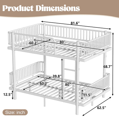 Queen over Queen Bunk Bed with Ladders & Guardrails, Metal Bunk Bed Frame with Upgraded Safety Round-Pipe Design, Can Transformed into 2 Platform Bed, White image 5