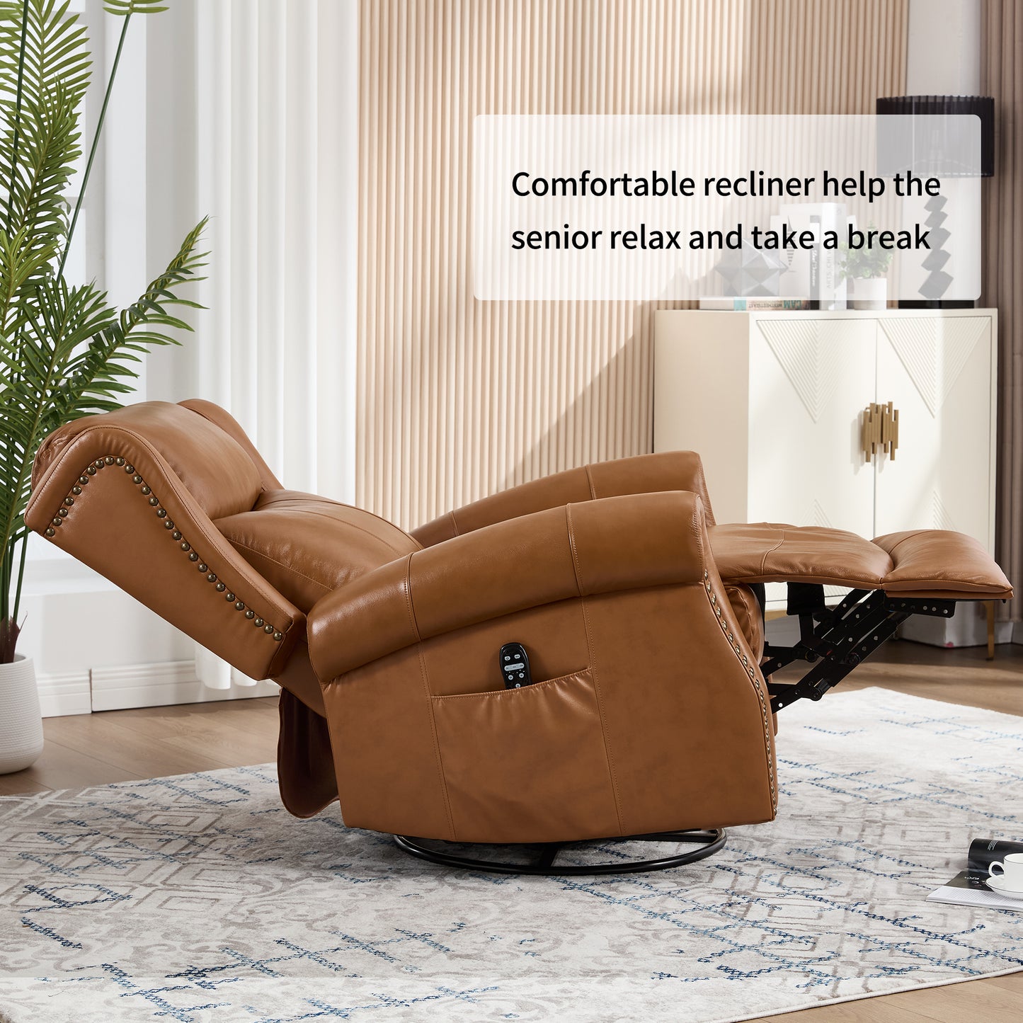 Heat Massage Manual Recliner Chair with Rocker and Swivel in Genuine leather for Living Room, Yellow image 8