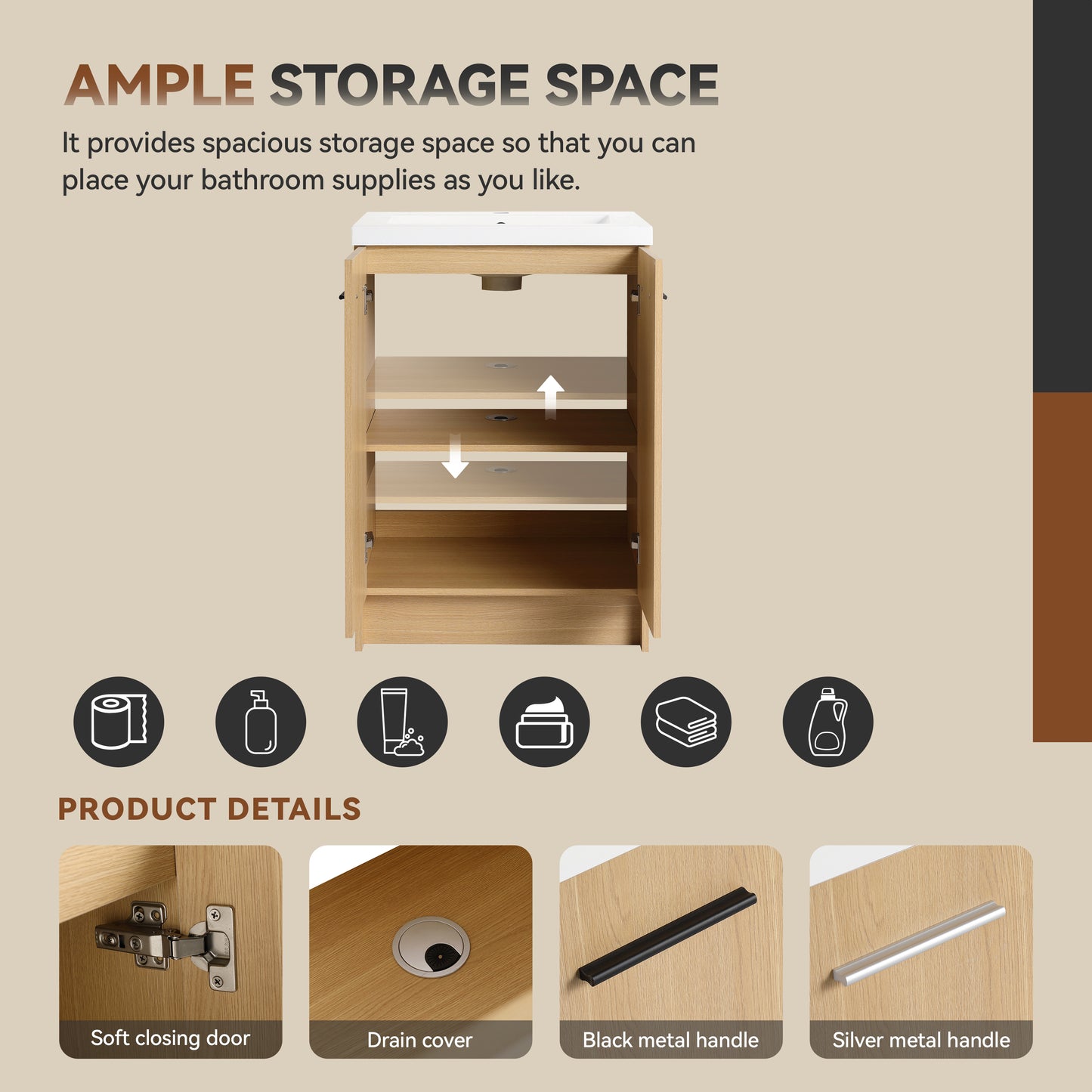 24" Freestanding Bathroom Vanity with Resin Sink, Light Oak, Double Door Storage, KD (Ready-to-Assemble), Includes Black & Brushed Aluminum Handles image 9