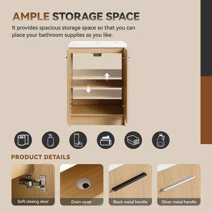 24" Freestanding Bathroom Vanity with Resin Sink, Light Oak, Double Door Storage, KD (Ready-to-Assemble), Includes Black & Brushed Aluminum Handles image 9