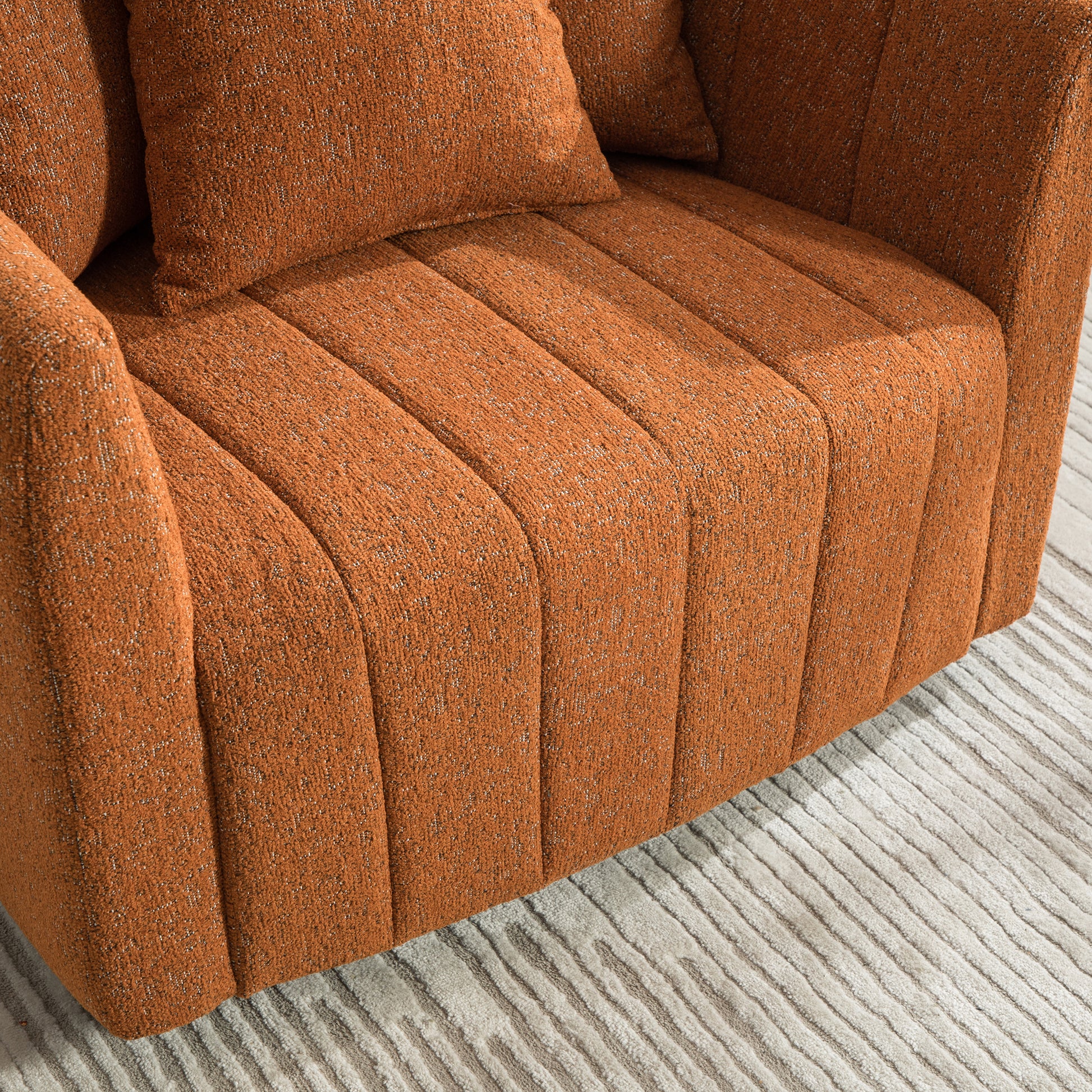 39"W Upholstered Oversized 360° Swivel Accent Barrel Chair and Half Cozy Sofa with 3 Pillows, Chenille Channel Tufted Pumpkin-Shape Club Armchair for Living Room, Bedroom, Office, Lounge,Orange image 9