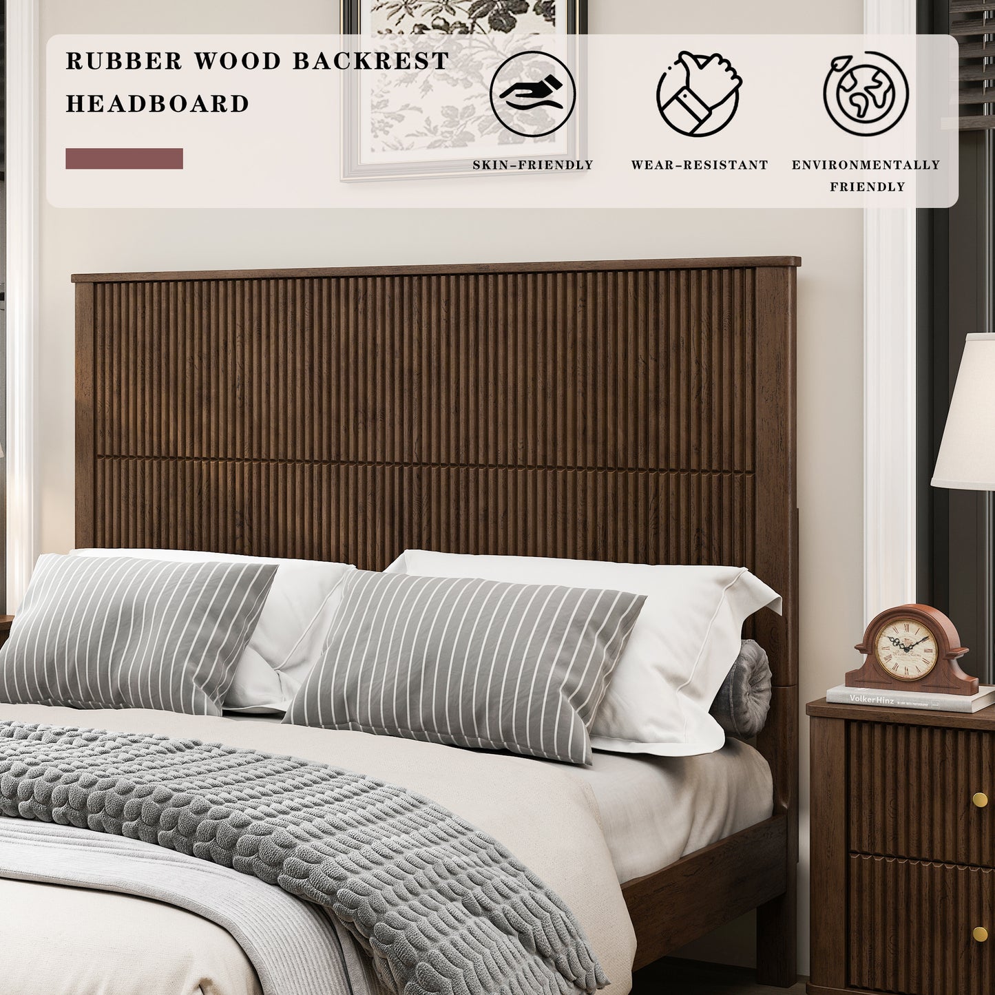 Solid Wood Bed Frame,Queen Platform Bed Frame with Headboard,Tall Headboard Natural Wood Bed,No Box Spring Needed,Walnut image 12