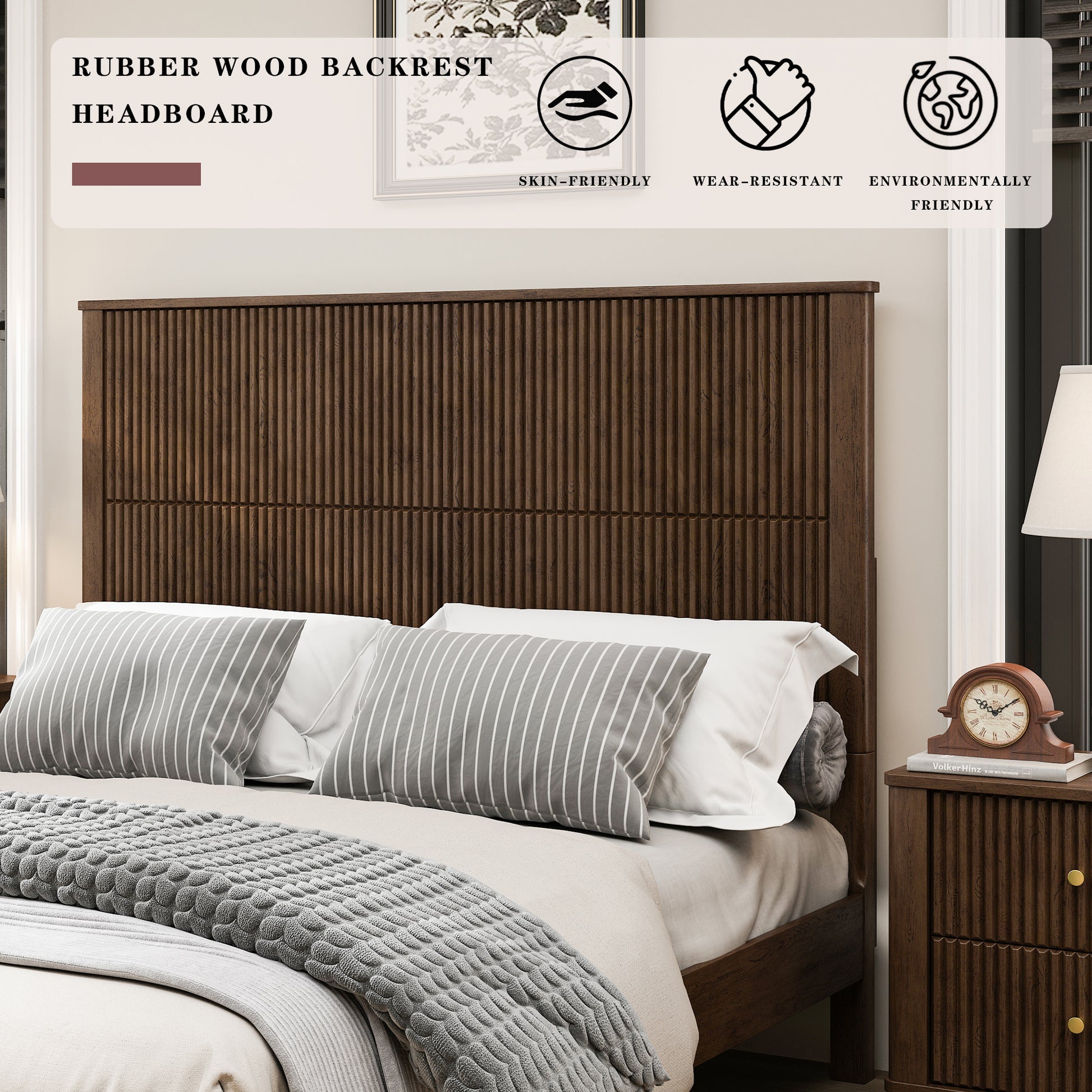 Solid Wood Bed Frame,Queen Platform Bed Frame with Headboard,Tall Headboard Natural Wood Bed,No Box Spring Needed,Walnut image 12