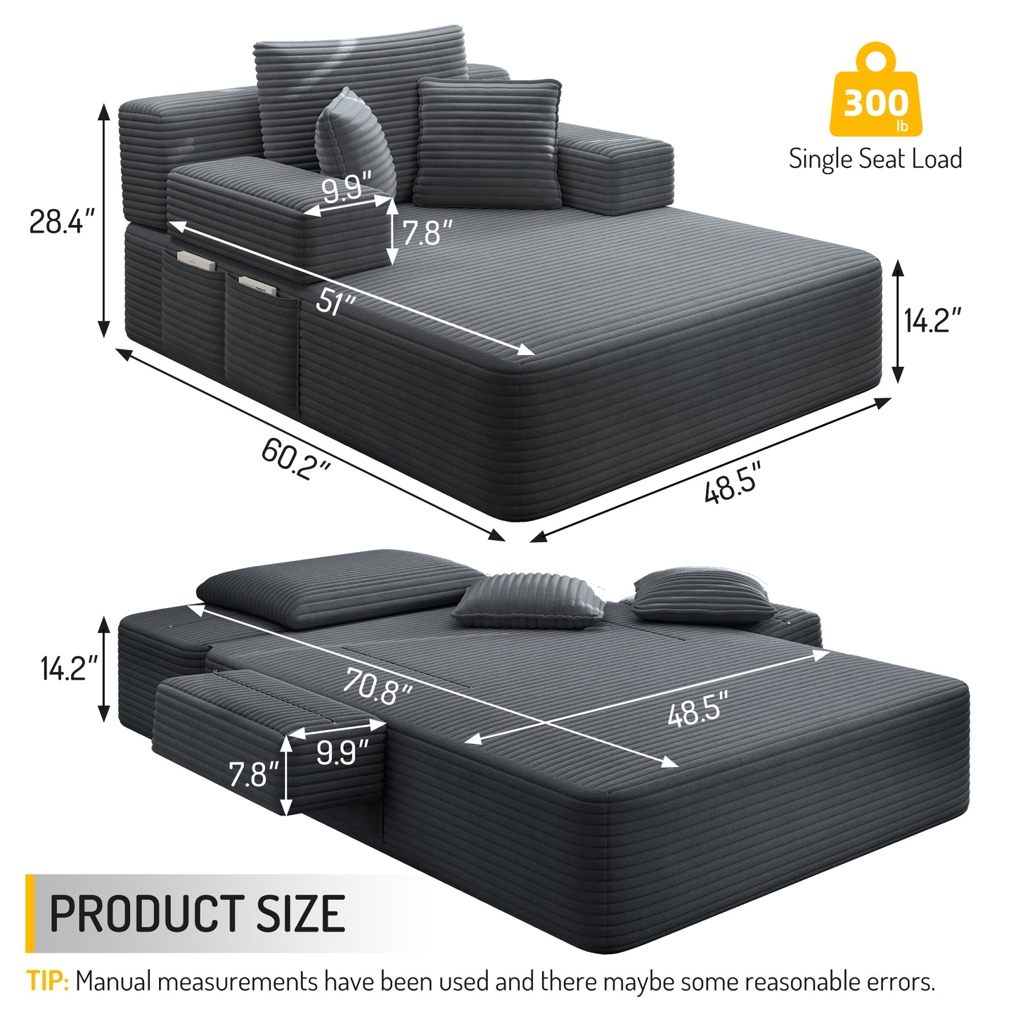 Luxurious Plush Corduroy Chaise Lounge with 3 Pillows, Convertible Sofa Bed with Storage Pocket, Frameless Design & Compression Foam for Small Spaces, Living Room, Apartment,Dark Gray image 2