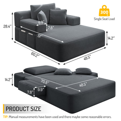 Luxurious Plush Corduroy Chaise Lounge with 3 Pillows, Convertible Sofa Bed with Storage Pocket, Frameless Design & Compression Foam for Small Spaces, Living Room, Apartment,Dark Gray image 2