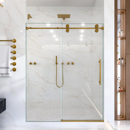 56"-60"W*72" H Frameless Single Sliding Shower Door – 5/16" (8mm) Clear Tempered Glass, Bypass Design with Brushed Gold Finish image 4