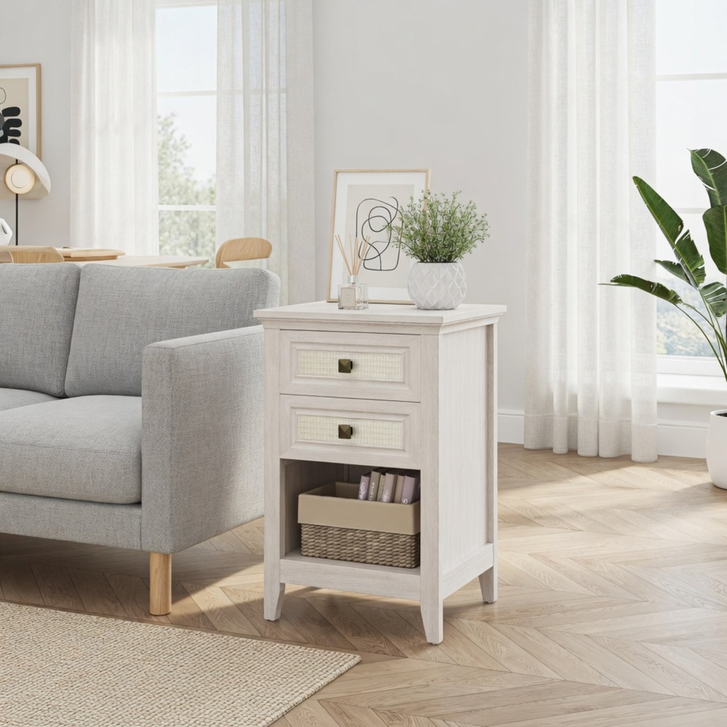 Set of 2 - 17.7" Wide White Rattan Nightstand w/ 2 Drawers - Boho 27" Tall Bedside Table for Small Spaces & Bedroom image 9