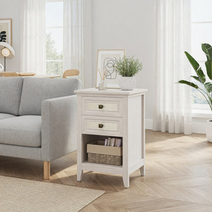 Set of 2 - 17.7" Wide White Rattan Nightstand w/ 2 Drawers - Boho 27" Tall Bedside Table for Small Spaces & Bedroom image 9