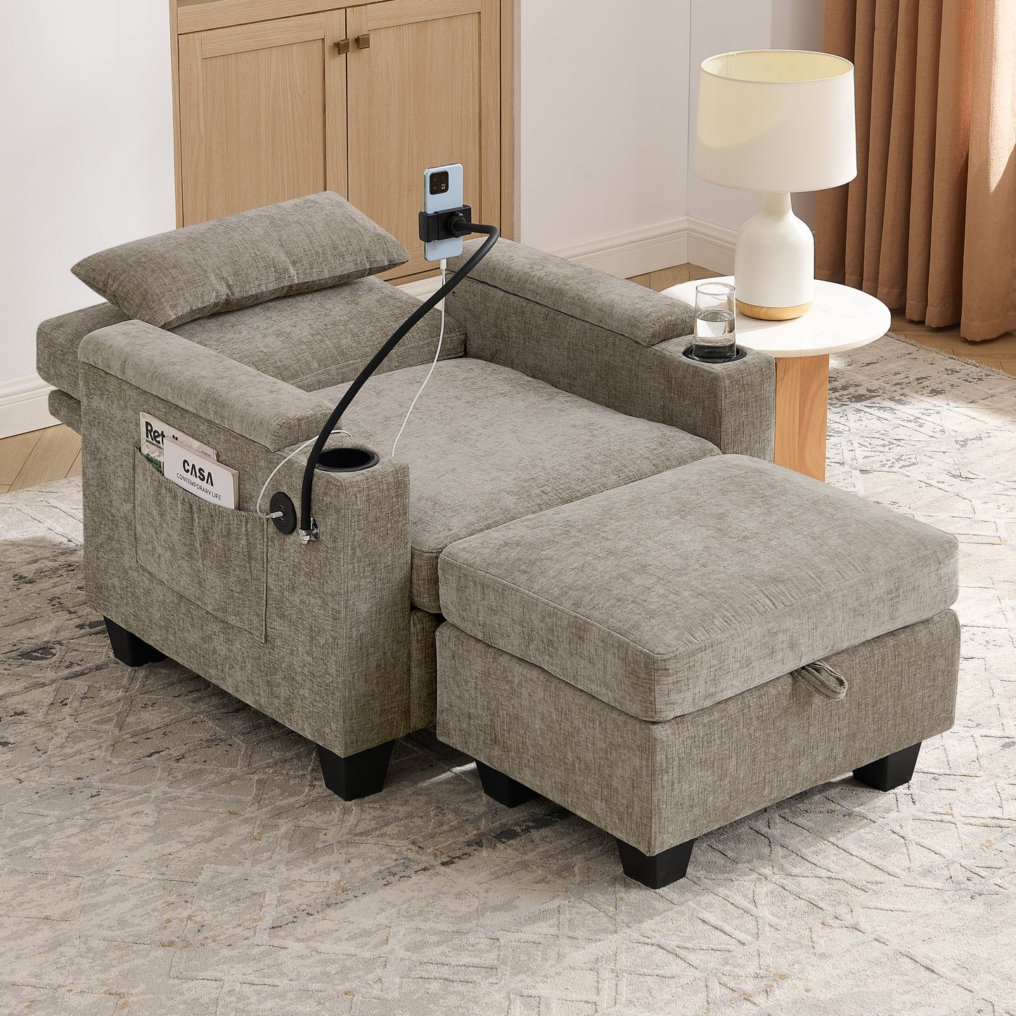 Single sofa recliner with manually adjustable backrest, USB charging port on the armrest side, phone stand included, hidden armrest storage, and a matching storage ottoman-Brown image 3