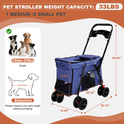 Pet Stroller, Foldable 4-Wheel Design, Breathable Mesh Dog Cat Stroller with Shockproof Wheels, Brake System, Storage Tray, 2 Fixed Safety Leashes, Large Space for Small Medium Pets, Navy Blue image 3