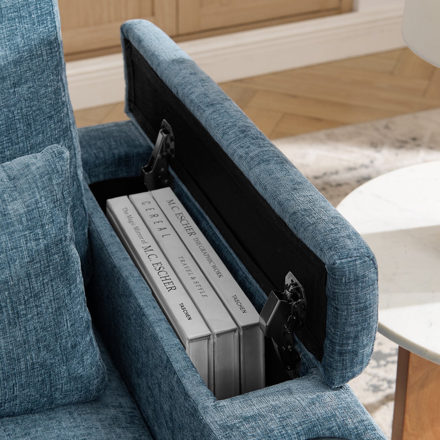 Single sofa recliner with manually adjustable backrest, USB charging port on the armrest side, phone stand included, hidden armrest storage, and a matching storage ottoman-Blue image 12