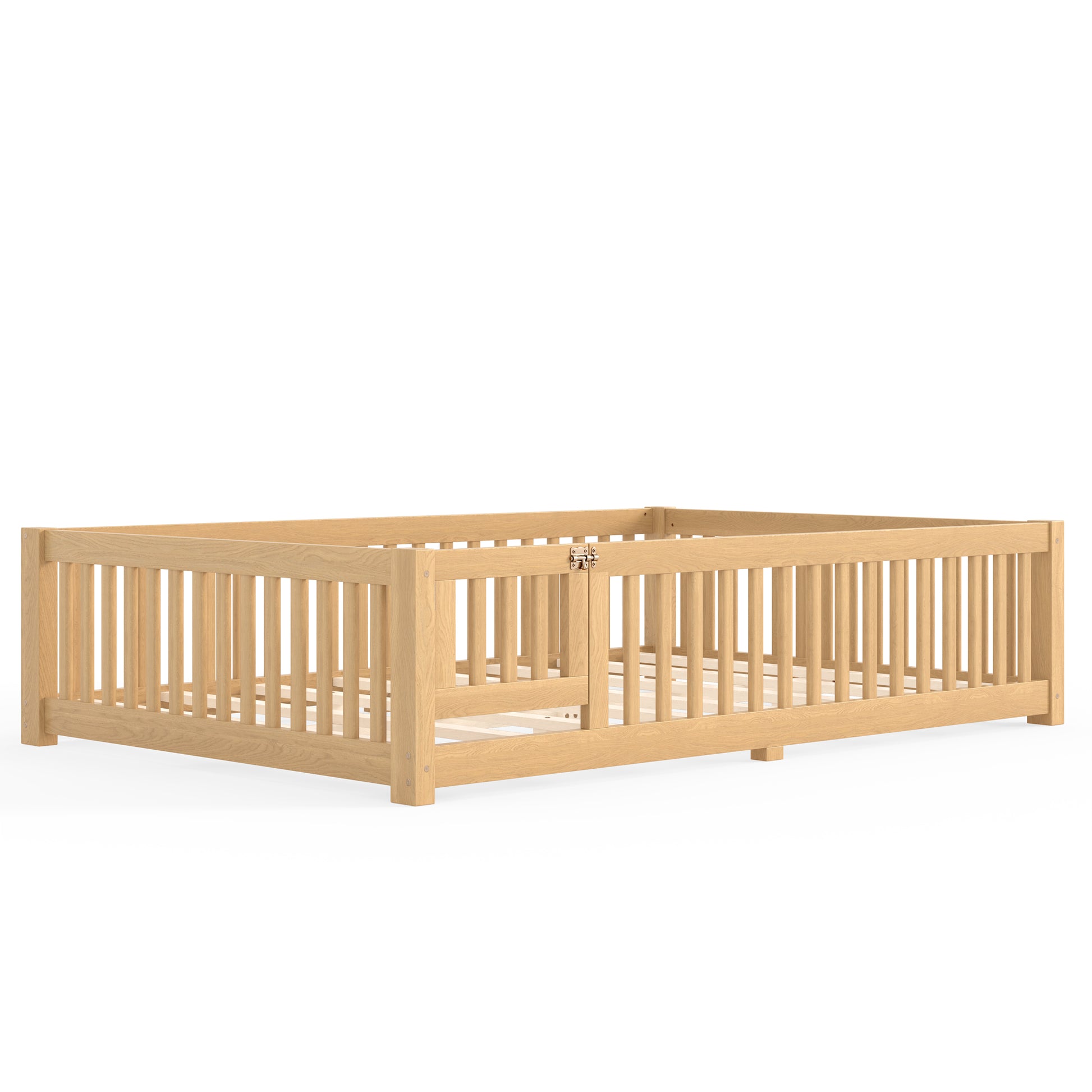 Queen Size Bed Floor Bed with Safety Guardrails and Door for Kids, Natural image 9