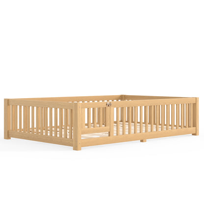 Queen Size Bed Floor Bed with Safety Guardrails and Door for Kids, Natural image 9