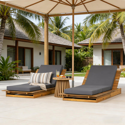 Acacia Wood Chaise Lounge with 4" Thick 3-Fold Dark Gray Movable Cushion – Wide Teak Finish Patio Lounger, 3-Position Recliner, 400 lbs Capacity image 4
