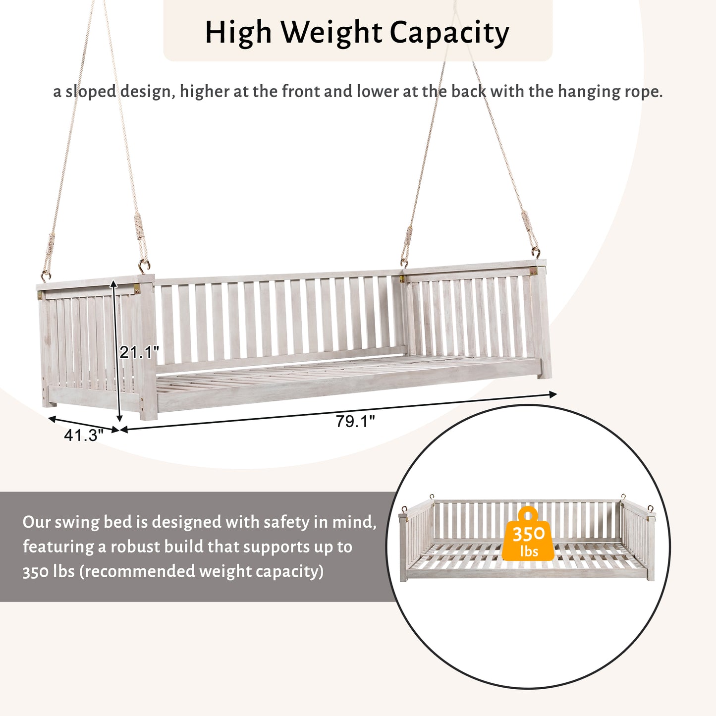 TOPMAX Patio Minimalist Twin Size Garden Swing Bed Wood Porch Swing with Ropes for Backyard, Safe Sloped Design, White image 7