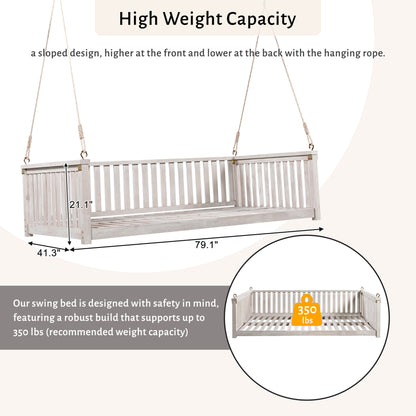 TOPMAX Patio Minimalist Twin Size Garden Swing Bed Wood Porch Swing with Ropes for Backyard, Safe Sloped Design, White image 7