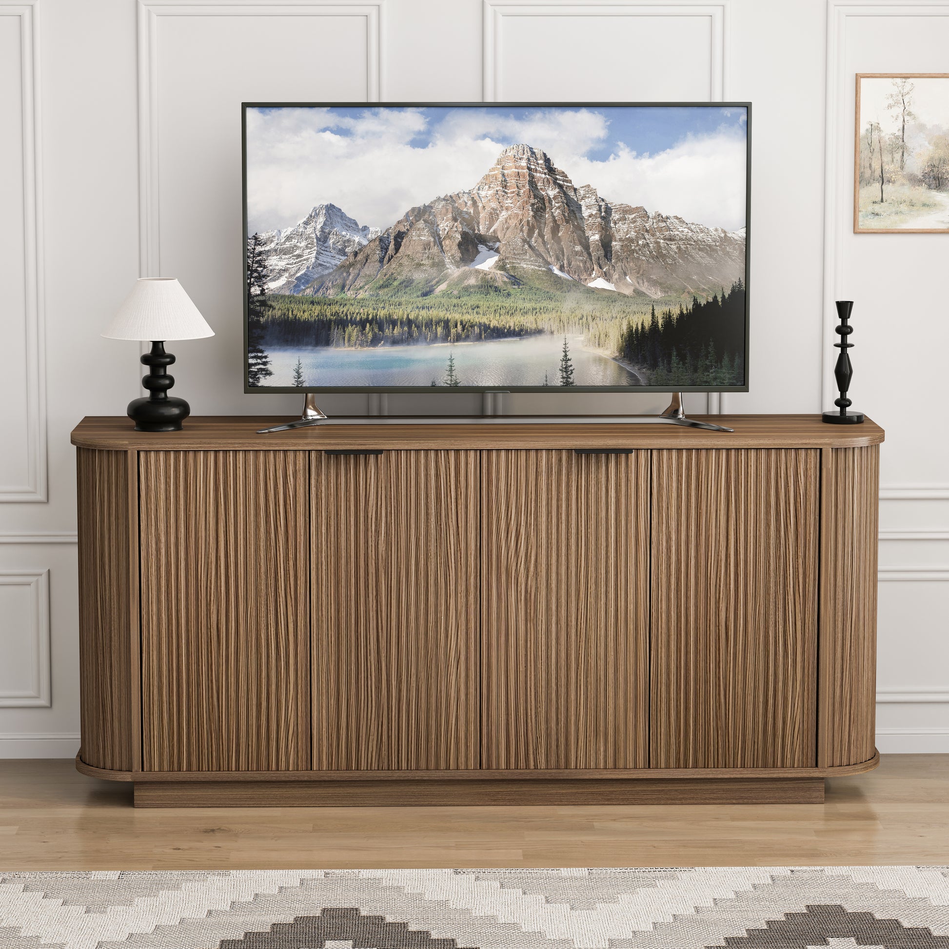 63"Wavy Storage Sideboard, Double-Door Buffet Cabinet with Adjustable Shelves, Suitable for Kitchen, Living Room, Hallway - Versatile Storage (Brown) image 1