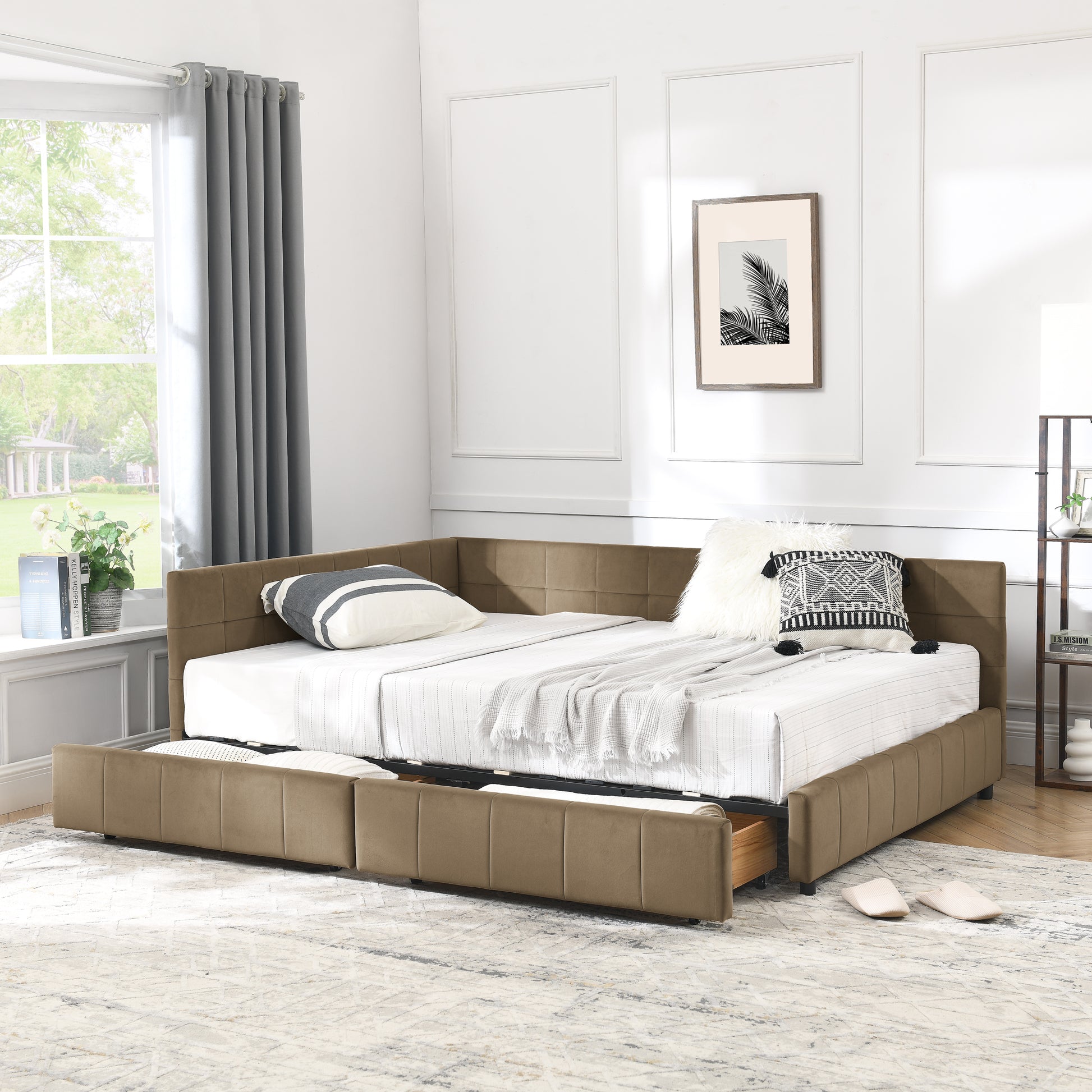 Full Size Storage Upholstered Tufted Bed Frame, Sofa Bed Frame with Comfortable Backrest and Armrests, Full Size Bed for Bedroom, Living Room,Velvet, BROWN(80.5''*59''*29.5'') image 2