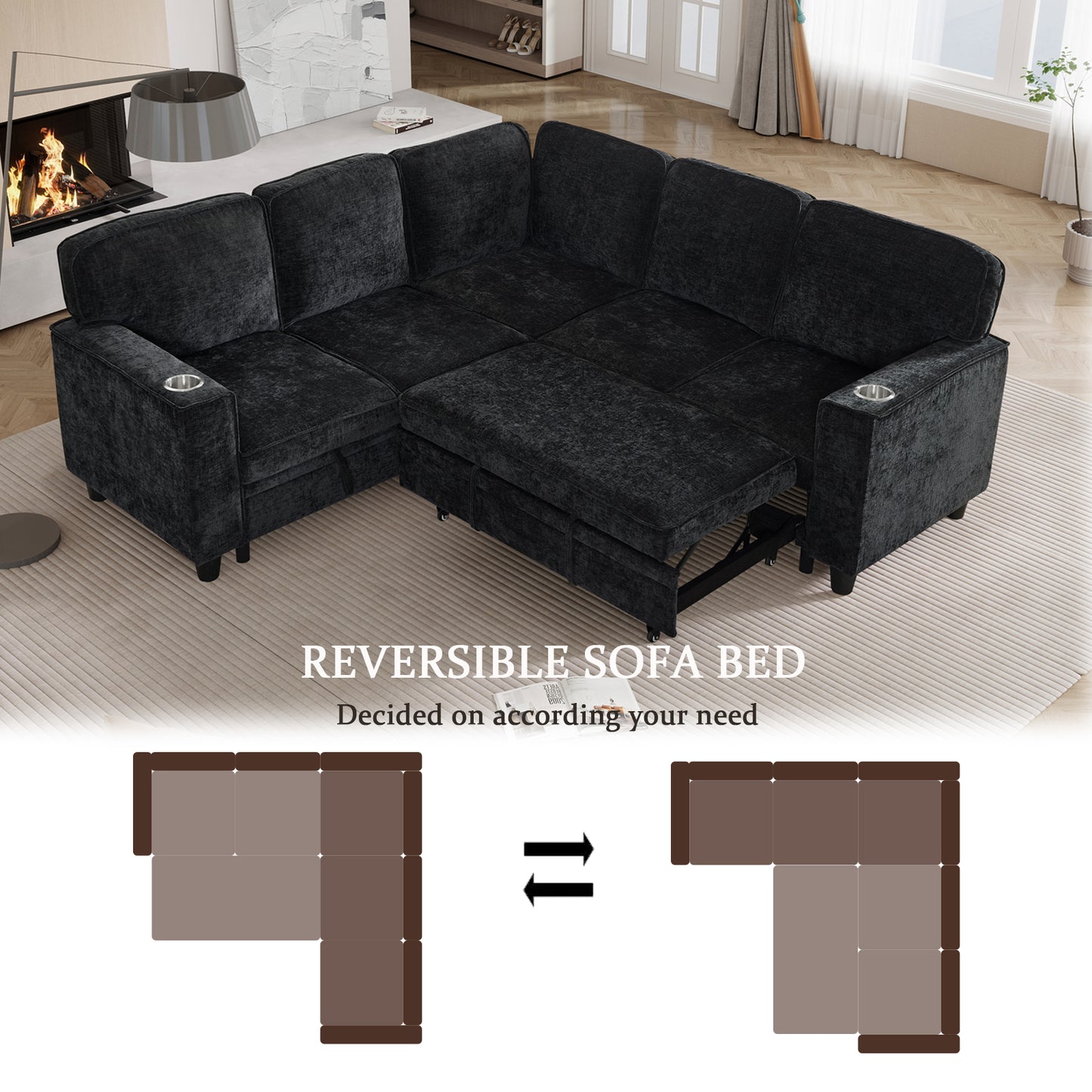 L-Shaped Sofa with Pull Out Sofa Bed, Sleeper Sofa Couch Bed with Storage Seat, 5 Seat Sectional Sofa Bed with USB, Sectional Sofa Couch for Living Room, Apartment, Charcoal Grey image 6