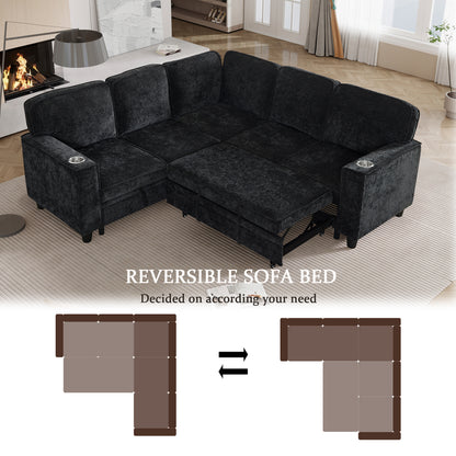L-Shaped Sofa with Pull Out Sofa Bed, Sleeper Sofa Couch Bed with Storage Seat, 5 Seat Sectional Sofa Bed with USB, Sectional Sofa Couch for Living Room, Apartment, Charcoal Grey image 6