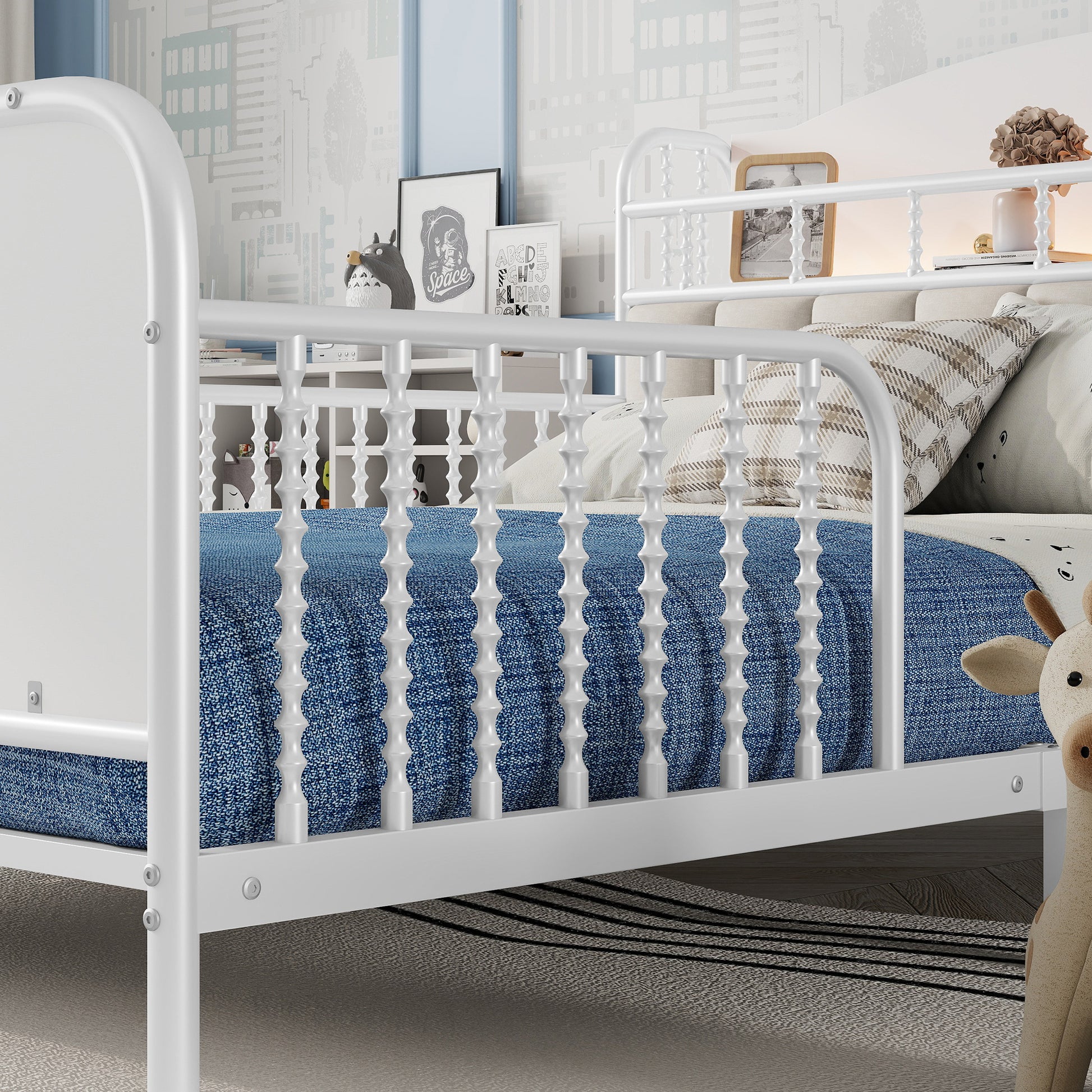 Full Size Metal Platform Bed Frame with Light, Kids Full Metal Bed with Upholstered and Storage Headboard, White (Expect Arrival Date 2025/10/5) image 4