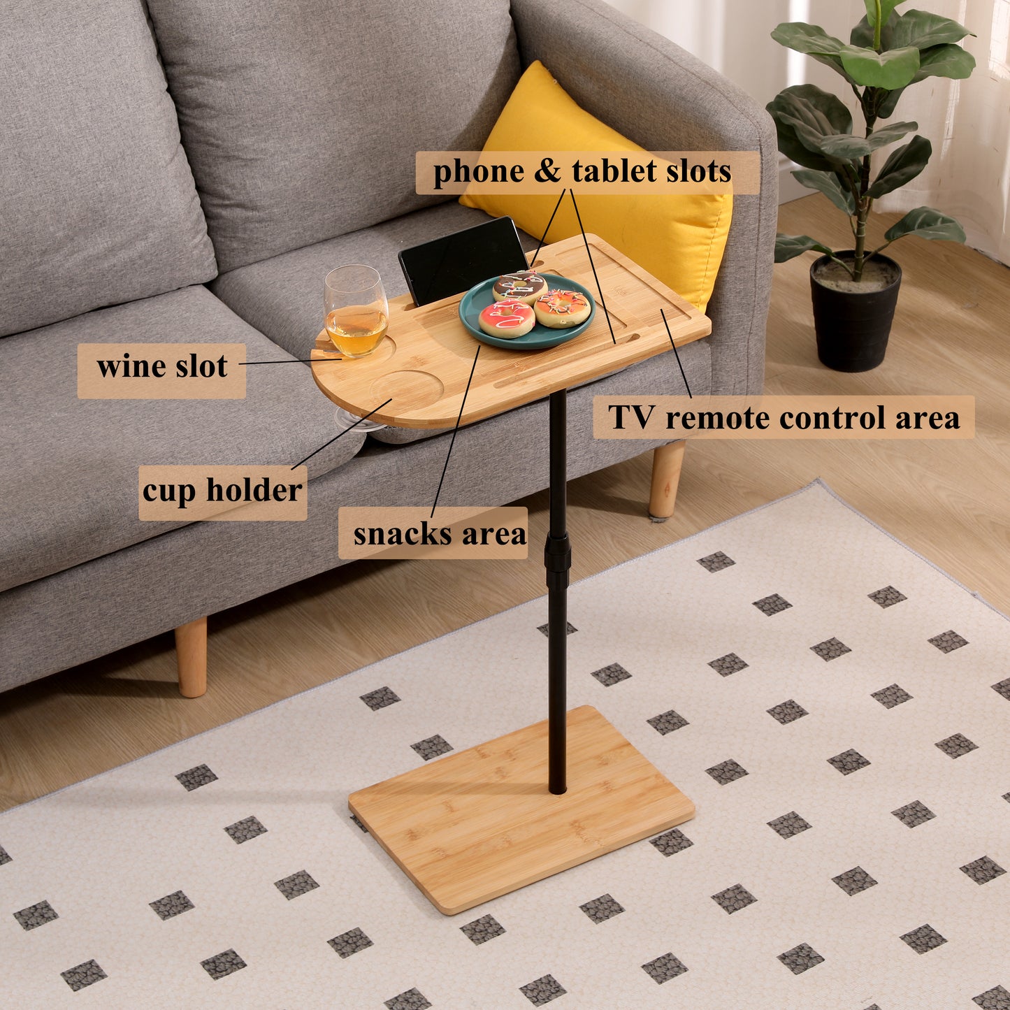 Couch Tray Table Bamboo Height Adjustable Side Table for Sofa C-shaped Oval End Tables with Slots for Bed & Chairs in Living Room & Bedroom (Oval + Rectangle) image 3