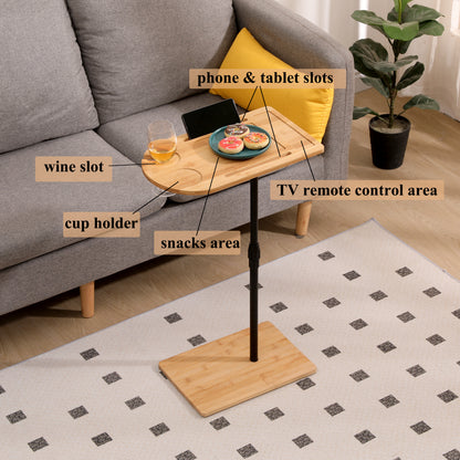 Couch Tray Table Bamboo Height Adjustable Side Table for Sofa C-shaped Oval End Tables with Slots for Bed & Chairs in Living Room & Bedroom (Oval + Rectangle) image 3