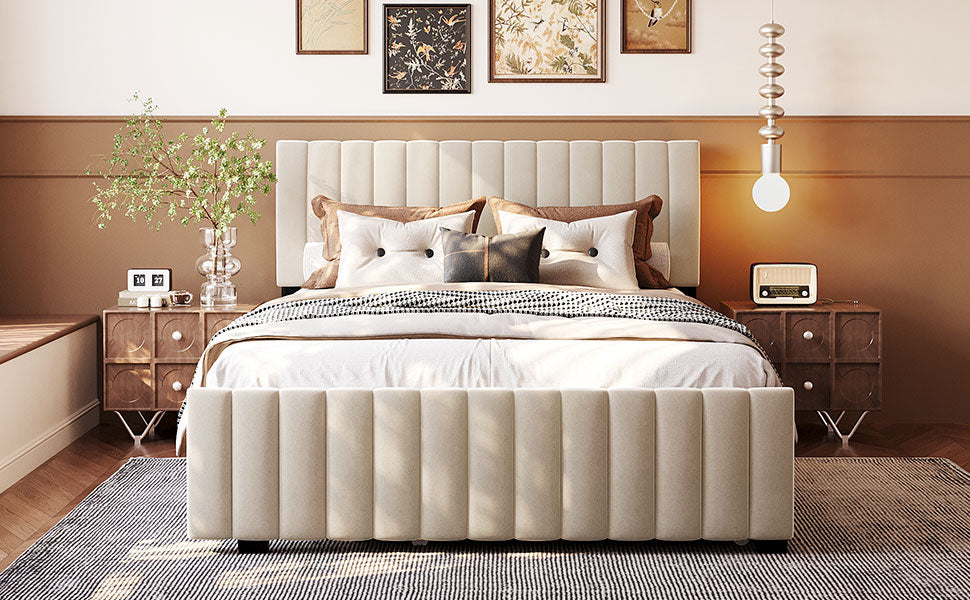 Queen Size Velvet Upholstered Platform Bed with Twin XL Size Trundle, Beige image 12
