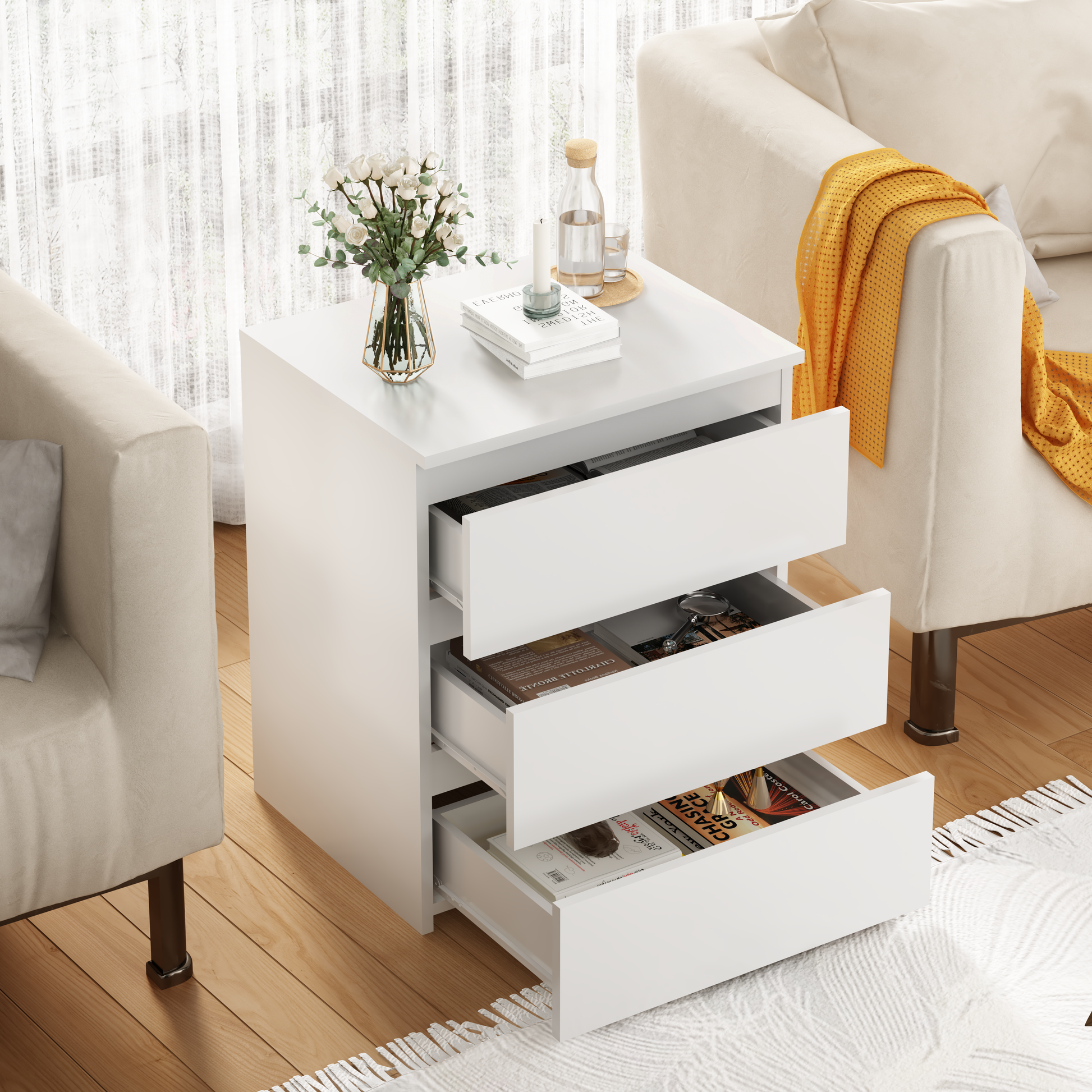 (Set of 2)3 Drawer Dresser, Small Dresser for Closet, Wooden White Nightstand for Bedroom, Chest of Drawers Side Table Storage Cabinet for Home Office, Each box Contains Two Side Tables image 7