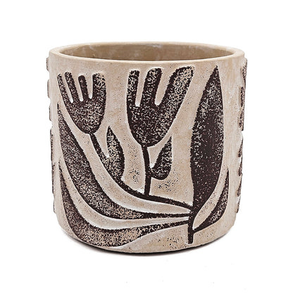 Set of 4 4.3x4.3x4" Gray Sand and Cement Planters with Brown Botanical Motifs image 6