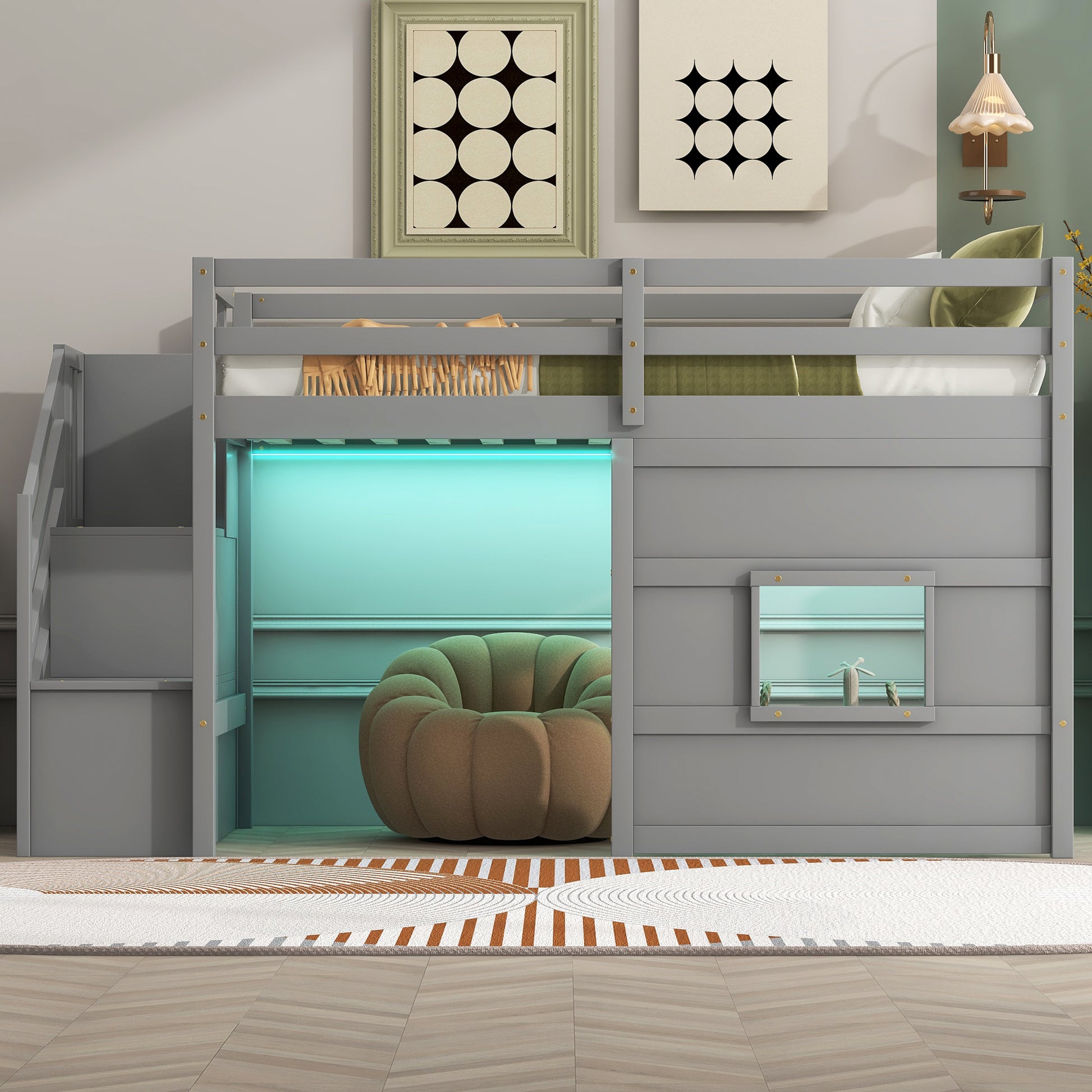 Twin Size Loft Bed with Storage Staircase and Window, With LED Light, Gray image 4