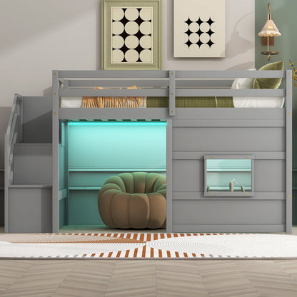 Twin Size Loft Bed with Storage Staircase and Window, With LED Light, Gray image 4
