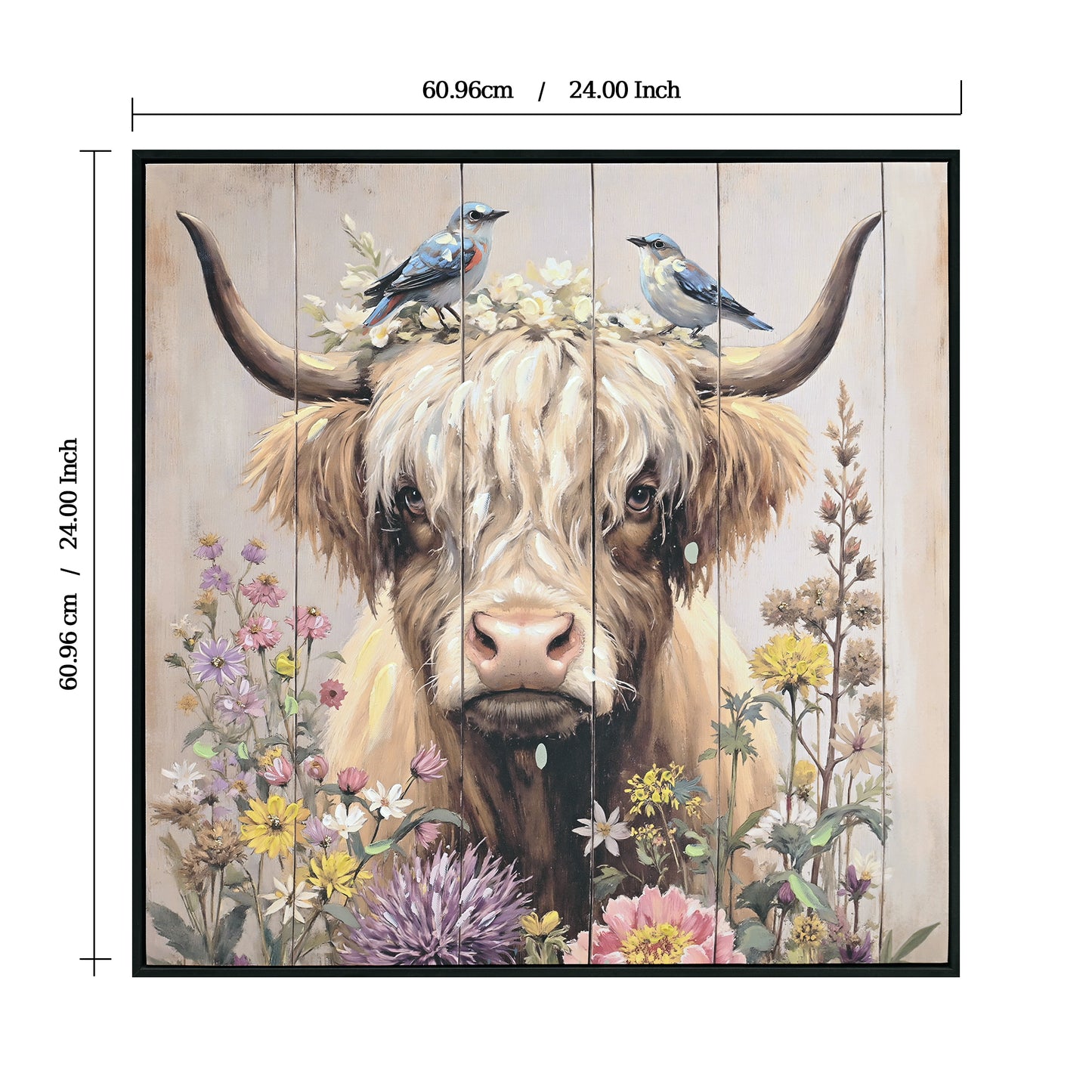 Farmhouse Highland Cow Wall Decor in Neutral colour: Rustic Cow and Chrysanthemum picture Canvas Art Print, Gift for Bathroom or Kitchen, Ideal Animal Artwork for Living Room 24*24INCH image 2