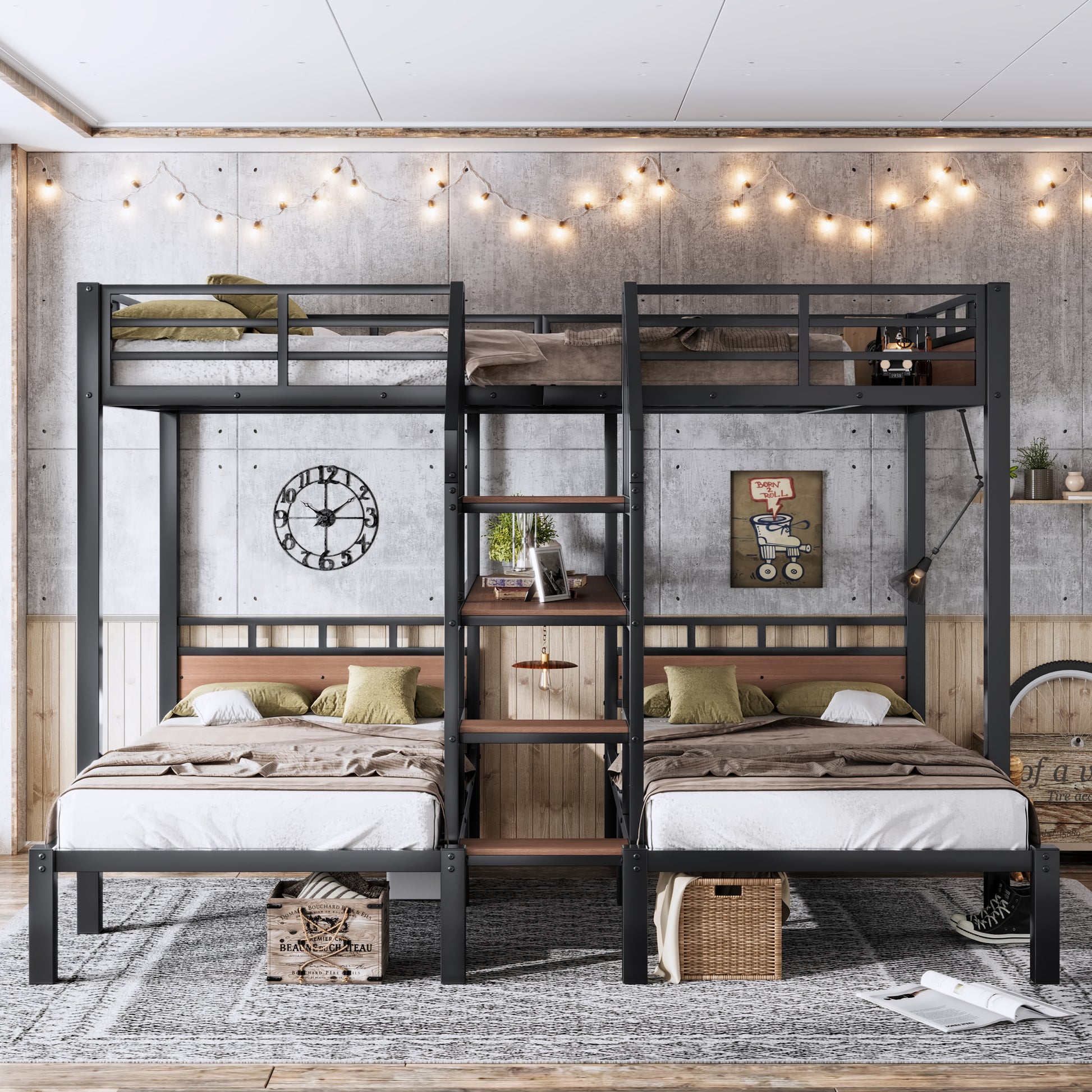 Full over Twin over Twin(Full XL over Twin over Twin) Metal Bunk Bed,triple metal bunk bed with Storage shelves and storage stairs,Black image 2