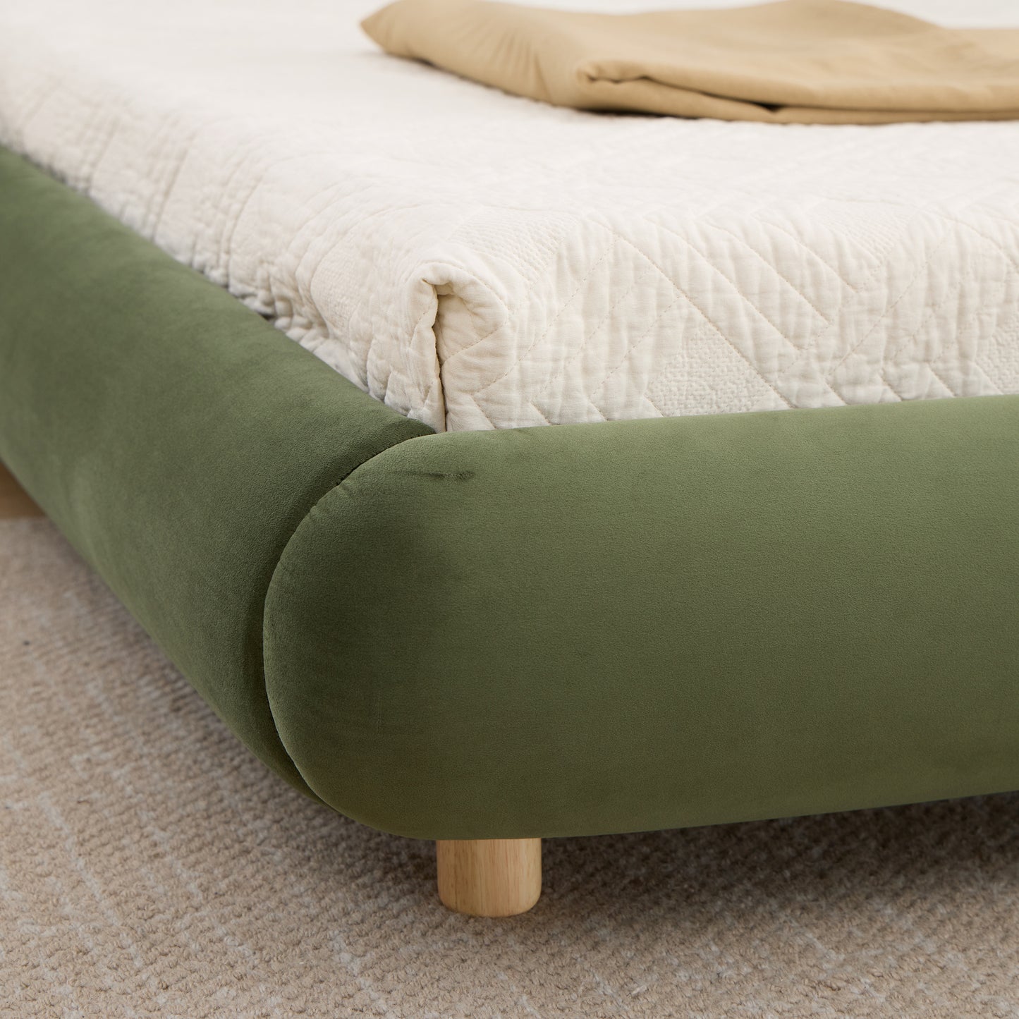 King Size,Modern Curved Upholstered Low Profile Platform Bed with Rounded Headboard(Velvet,Green) image 5