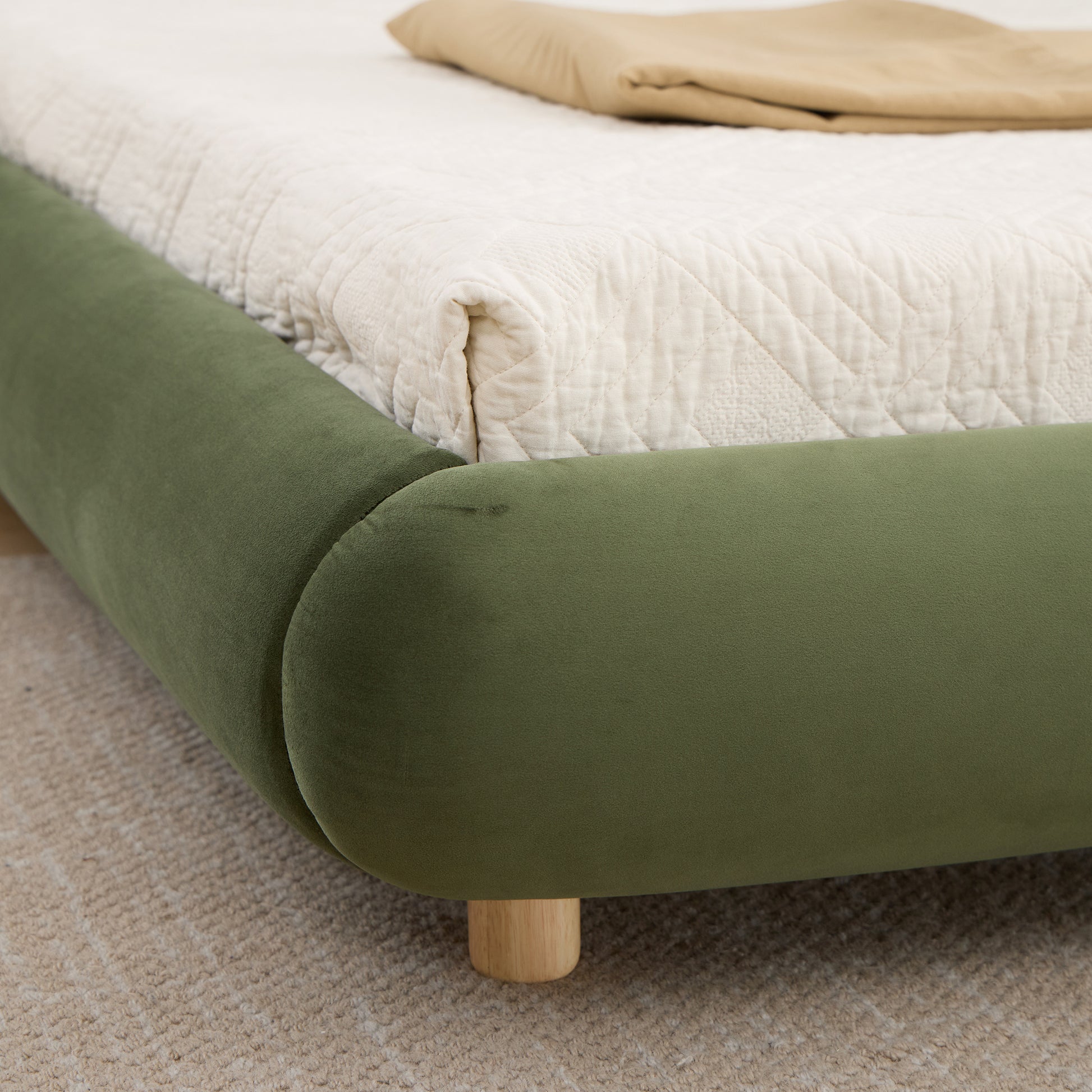 King Size,Modern Curved Upholstered Low Profile Platform Bed with Rounded Headboard(Velvet,Green) image 5