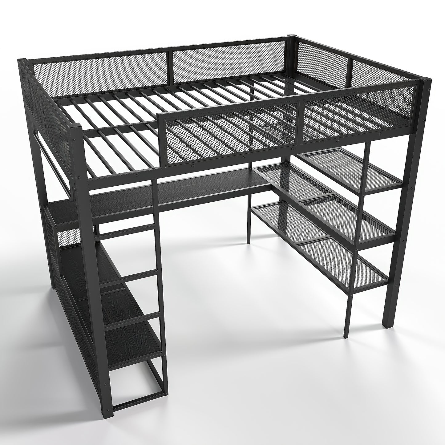 Queen Size Loft Bed with Storage Shelves, Metal Loft Bed with Clothes Hanging Rod and Desk, No Box Spring Needed Design, Black image 9