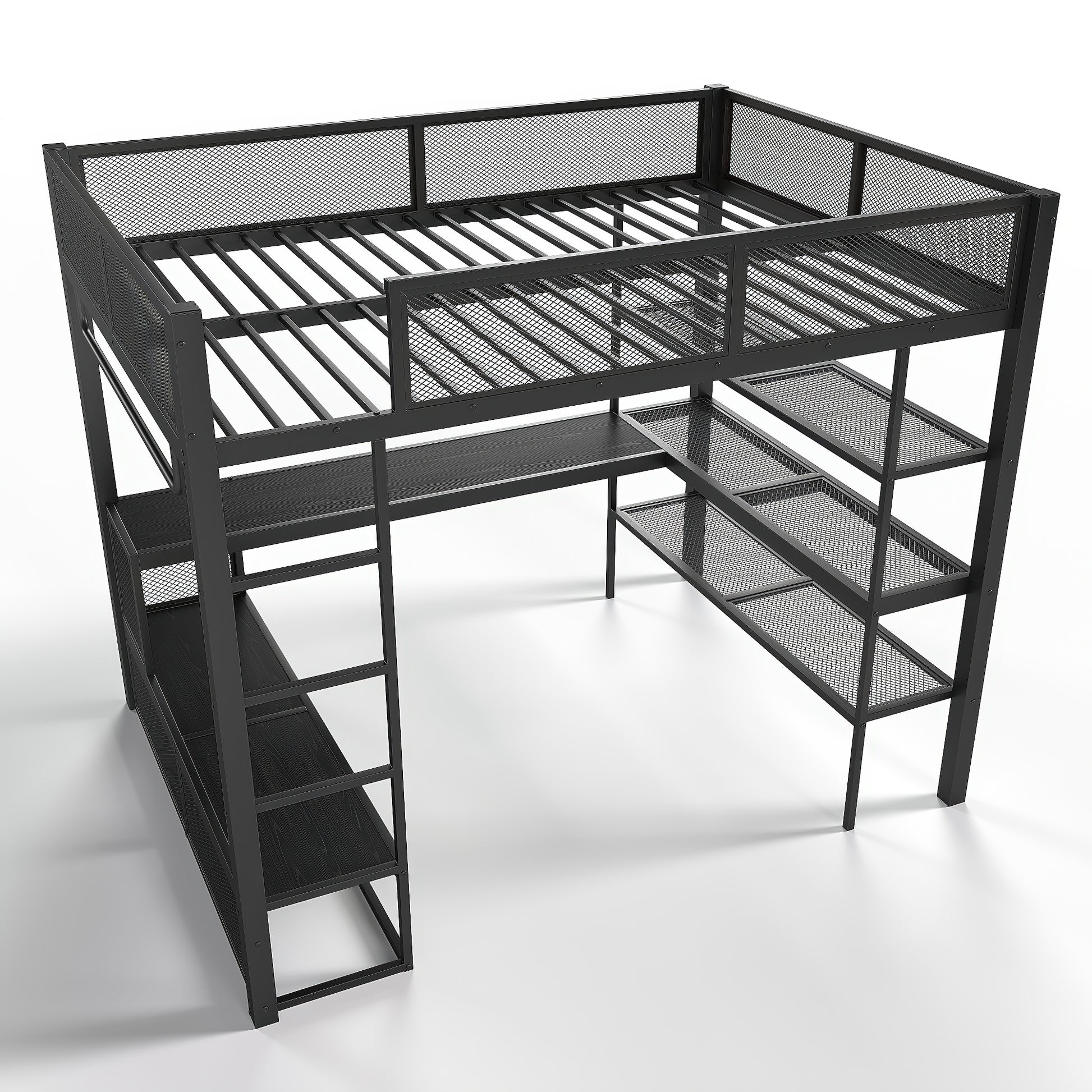 Queen Size Loft Bed with Storage Shelves, Metal Loft Bed with Clothes Hanging Rod and Desk, No Box Spring Needed Design, Black image 9