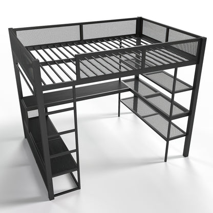 Queen Size Loft Bed with Storage Shelves, Metal Loft Bed with Clothes Hanging Rod and Desk, No Box Spring Needed Design, Black image 9