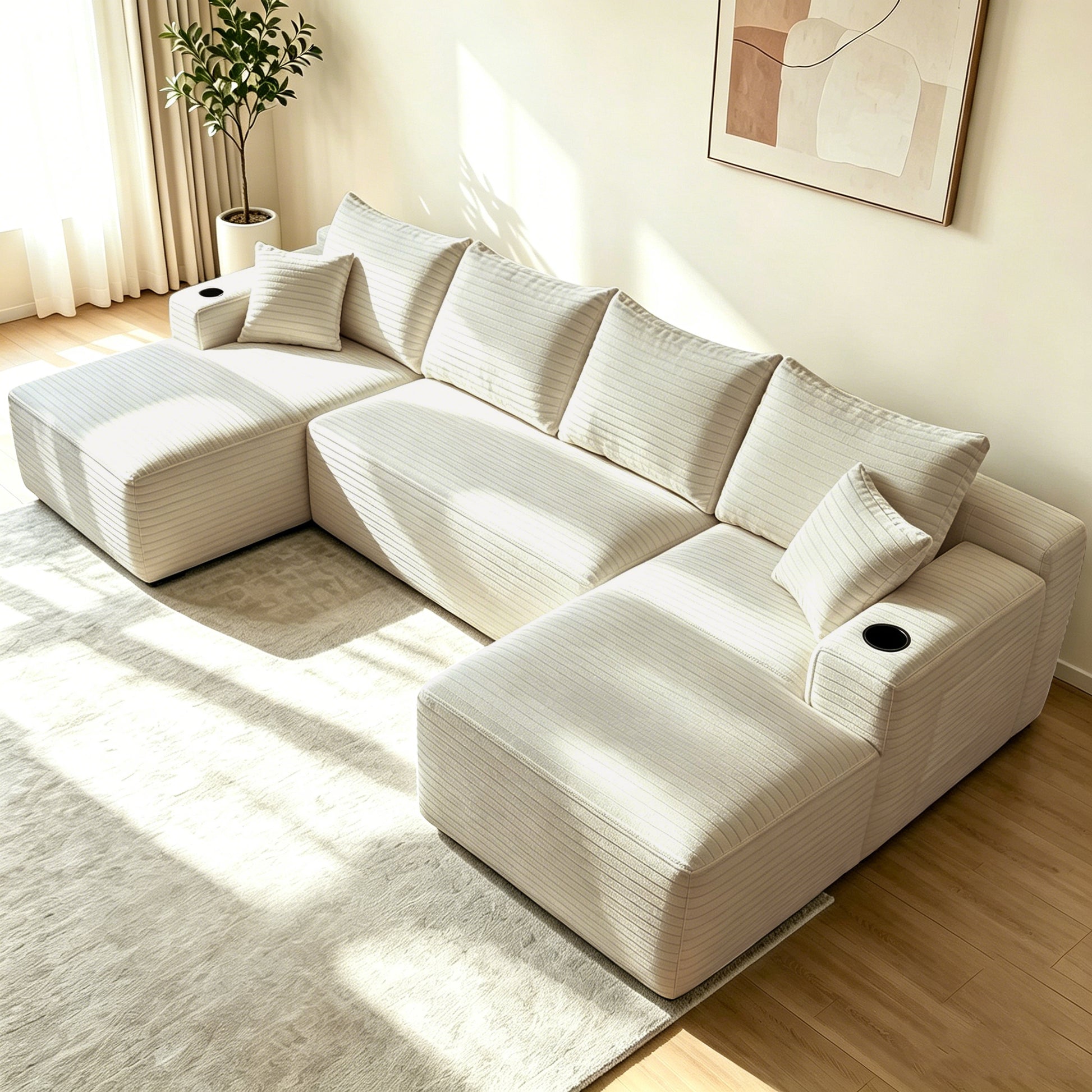 134" Cloud Sectional Sofa with U-Shape Chaise and Side Pockets and Cup holder, Modern Modular Design, Deep Seating, Upholstered Couch for Living Room/Bedroom, No Assembly Required (Plush)Beige image 3
