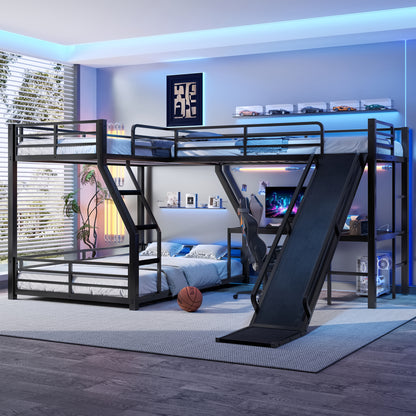 L-Shaped Twin over Full Bunk Bed with Twin Size Loft Bed, Metal Triple Bunk Bed with Slide and USB Ports, Space-saving and Noise-free Design, Black image 4