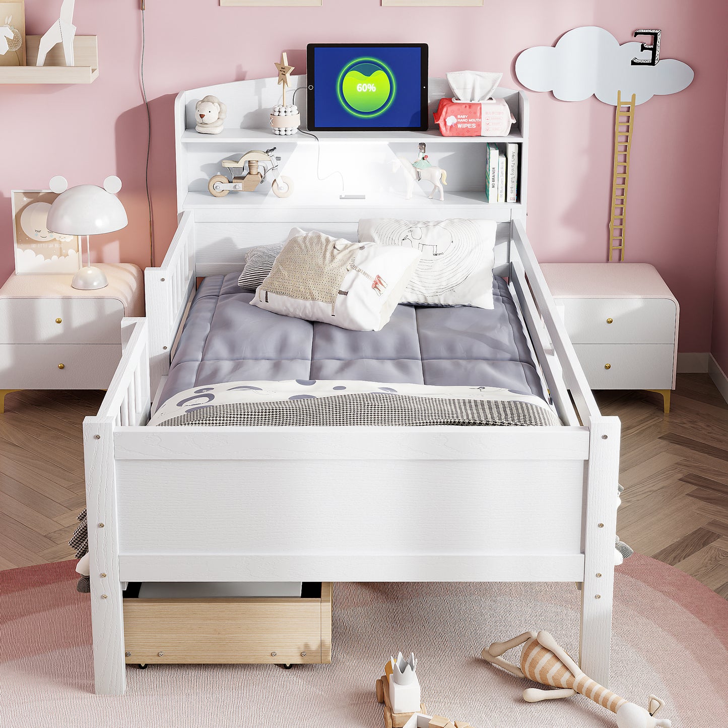 Wood Twin Size Platform Bed with Built-in LED Light, Multi-functional Headboard, Guardrail and 2 Drawers, White image 3