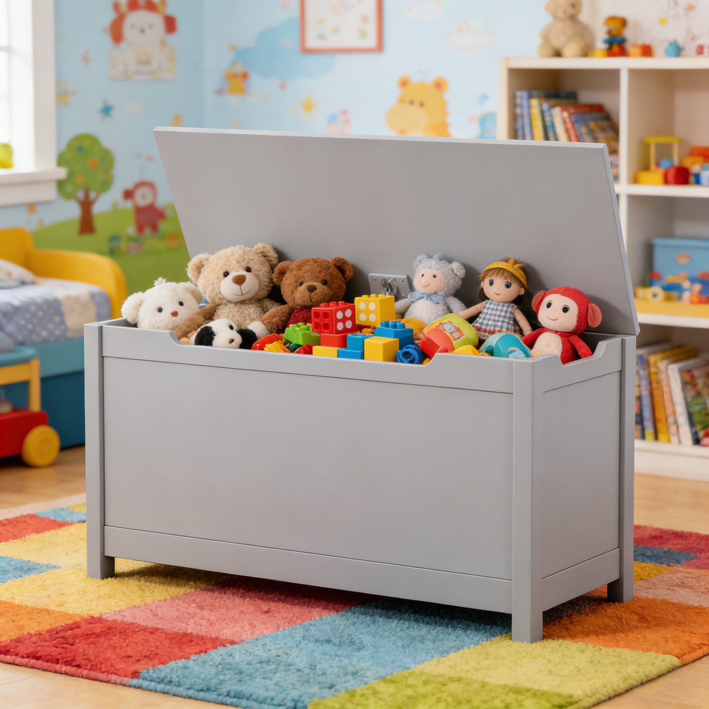 Kids Wooden Toy Box Storage with Safety Hinged Lid for Ages 2+ (Gray) image 12