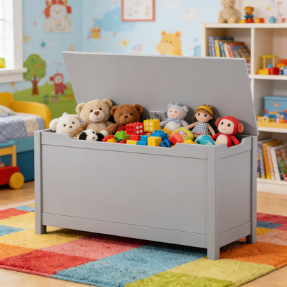 Kids Wooden Toy Box Storage with Safety Hinged Lid for Ages 2+ (Gray) image 12