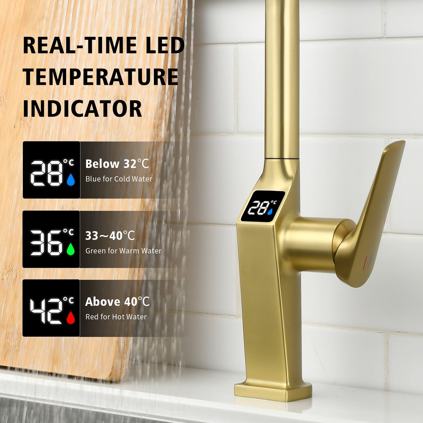 Touchless ​​Brushed Gold Kitchen Faucet with LED Display, Motion Sensor Kitchen Sink Faucet with 3-Function Pull-Out Sprayer & 360° Swivel Spout image 3