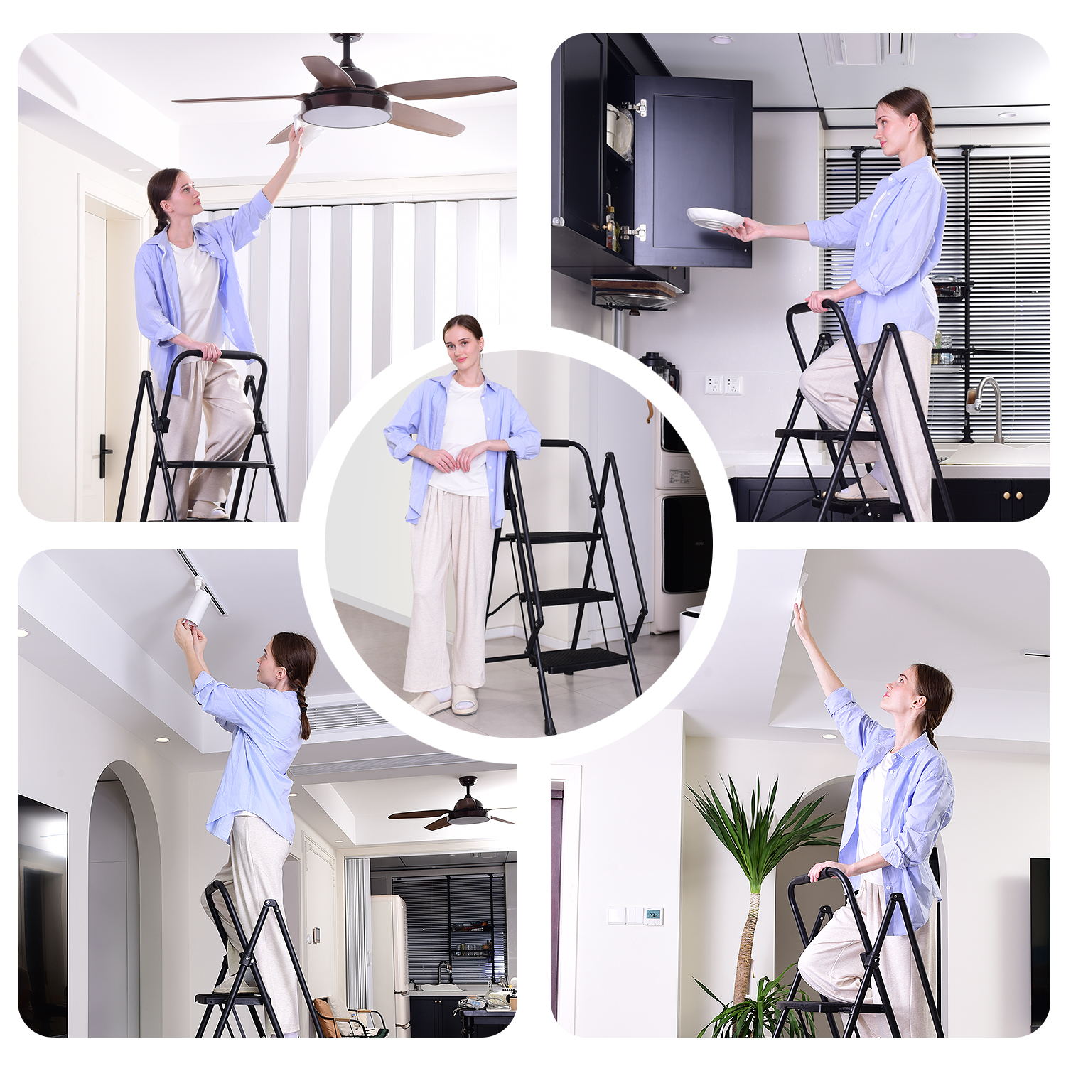 5-step ladder, folding ladder stool, with anti slip wide pedals, steel ladder, with safety anti slip handle, lightweight 330 pound portable steel ladder stool in black image 2