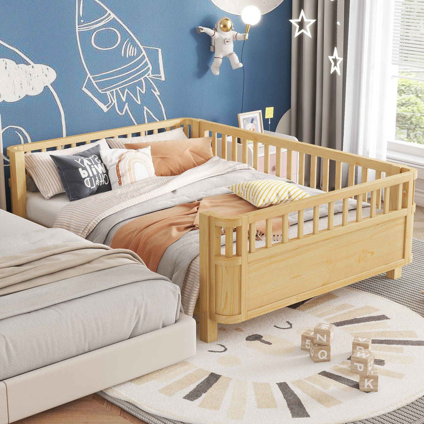 Full Size Wood Platform Bed for Kids, Wood Low Profile Full Bed with Rails for Girls and Boys, Natural (Patented Design,Expect Arrival Date 2026/5/11 Old SKU W2593P233781) image 3
